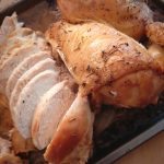 Spatchcocked chicken in a roast pan