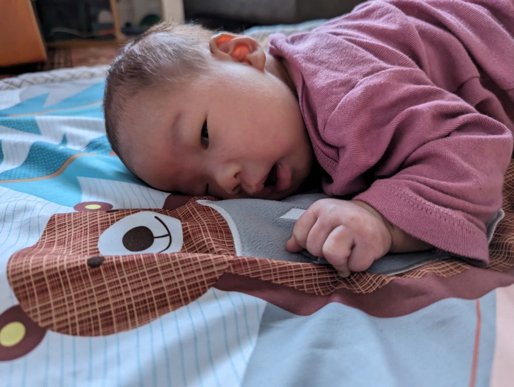 newborn baby girl on a playmat